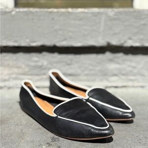 Elegant J. Crew Edie Black Leather Loafers with White Trime | Size 8